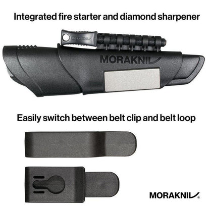 A top-down view of the Morakniv Bushcraft Survival Black knife showing its integrated fire starter and diamond sharpener, and the switchable belt clip and loop attachments.