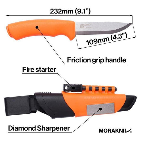 A top-down view of the Morakniv Bushcraft Survival - Stainless Knife - Orange showing its friction grip handle and diamond sharpener.