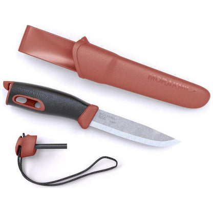 A Morakniv Companion Spark knife in yellow with a fire starter and sheath shown from a top-down angle on a white background.