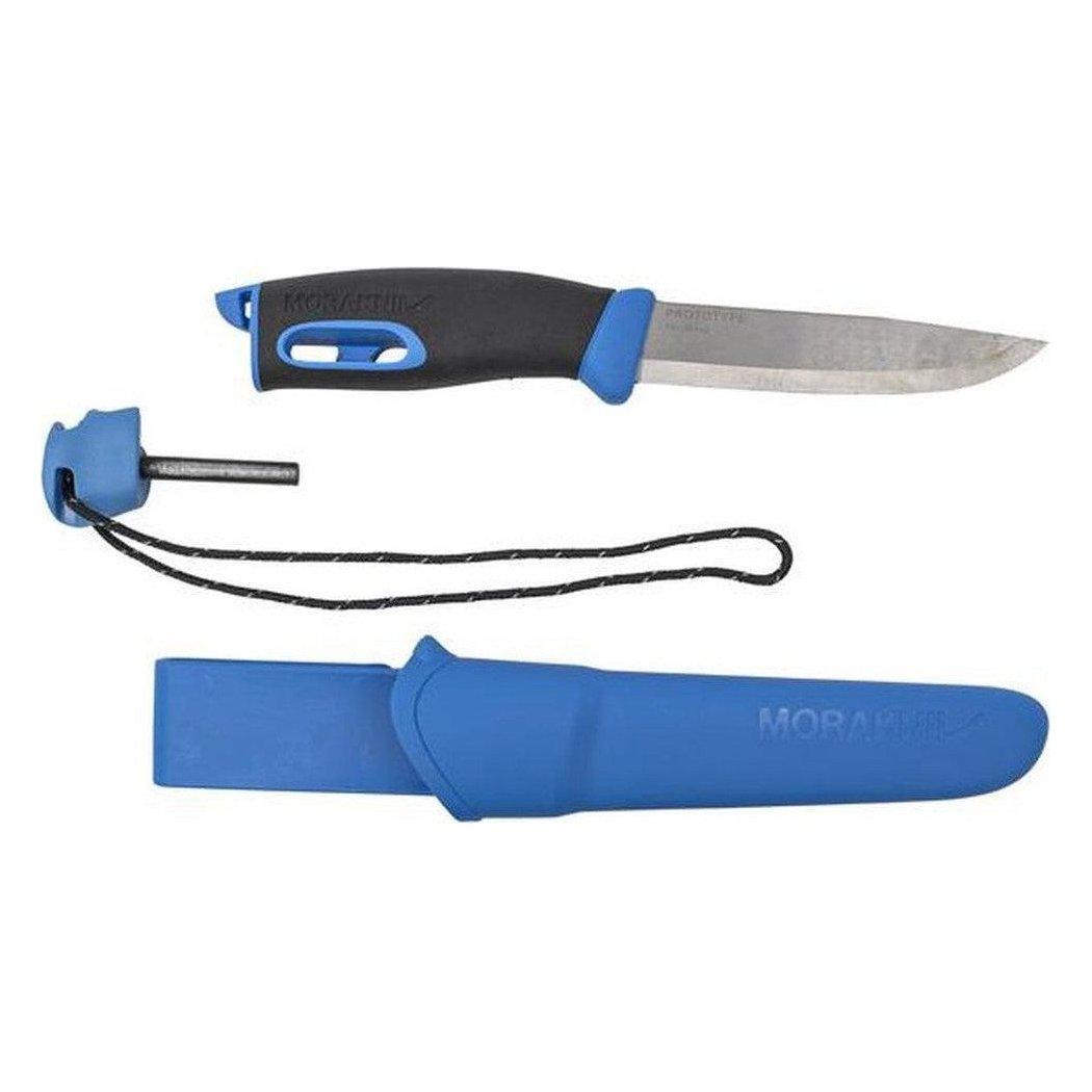 A Morakniv Companion Spark knife with blue handle and sheath, showing the fire starter attachment and black cord, against a white background.