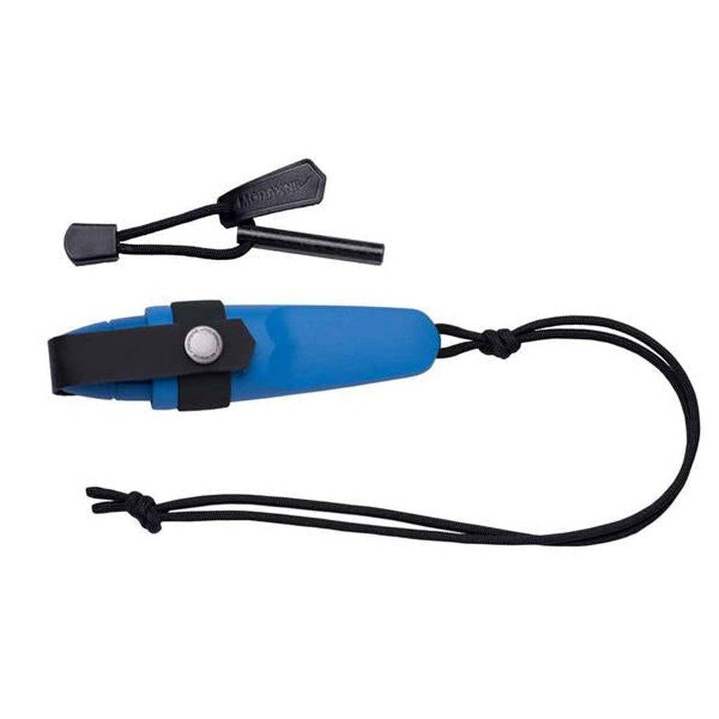 A black Morakniv Eldris Knife Kit with a blue knife and black lanyard against a white background.