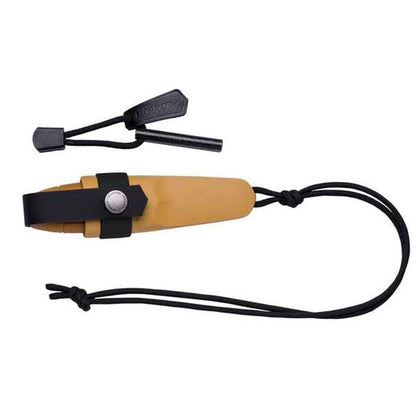 A top-down view of the Morakniv Eldris Knife Kit in Black showing the sheath and attached fire starter against a white background.
