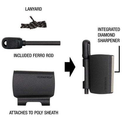 A top-down view of the Morakniv Garberg Survival knife showing its integrated diamond sharpener and lanyard against a white background.