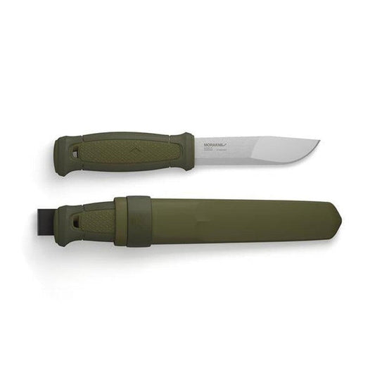 A top-down view of the Morakniv Kansbol Knife in Green with its matching sheath against a white background.
