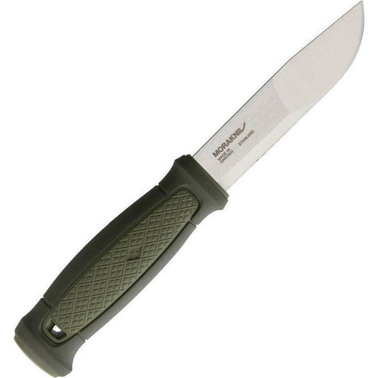 A side view of the Morakniv Kansbol Knife with a textured green handle and a white blade against a plain white background.
