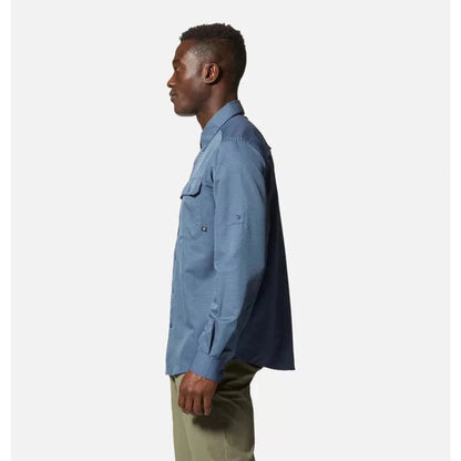 Side view of the Mountain Hardwear Men's Canyon Long Sleeve Shirt in Zinc showing the chest pocket and white background.