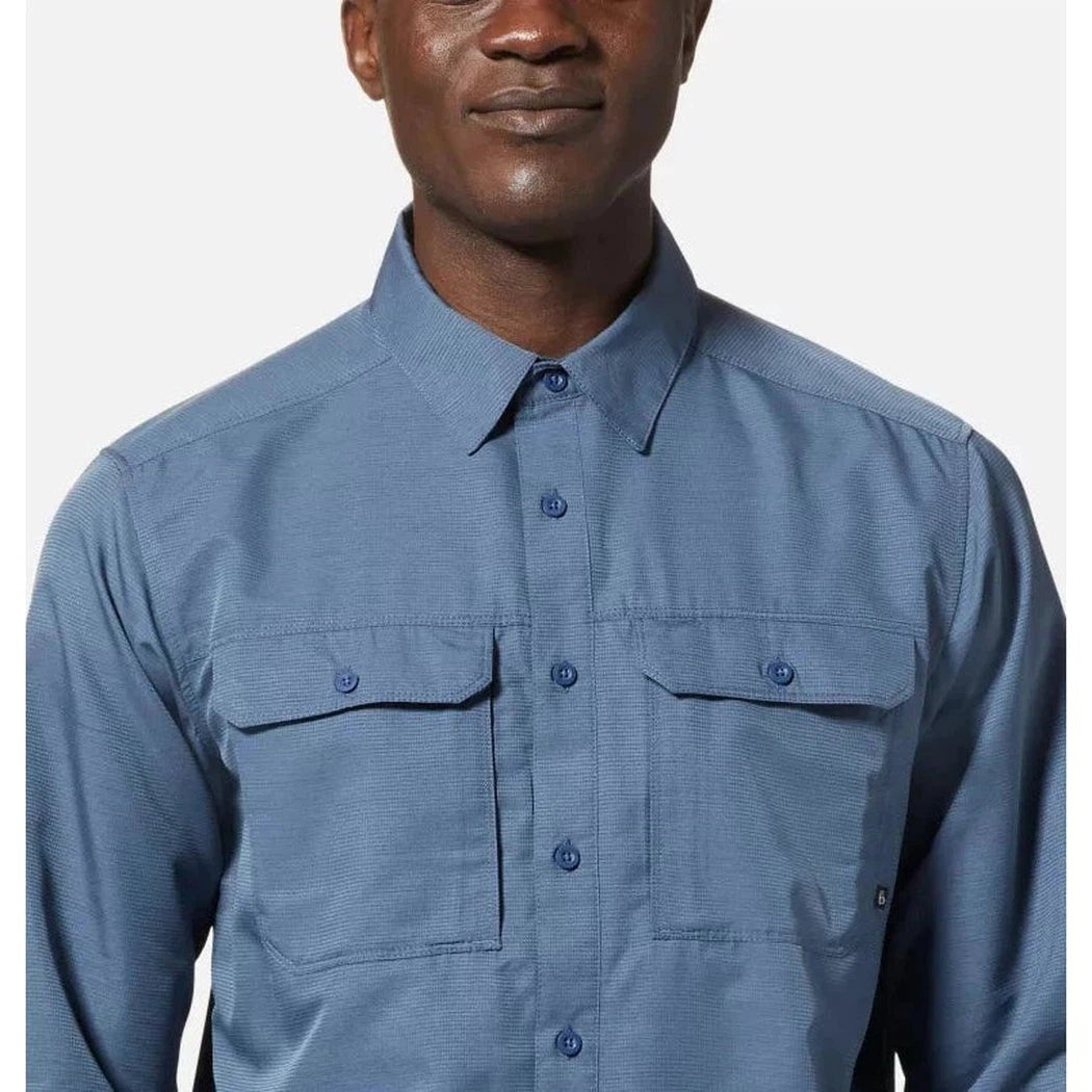 A front view of the Mountain Hardwear Men's Canyon Long Sleeve Shirt in Zinc showing chest pockets and a model wearing it against a plain background.