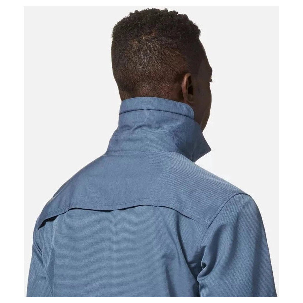 Back view of the Mountain Hardwear Men's Canyon Long Sleeve Shirt in Zinc showing the collar and shoulder seam against a plain background.