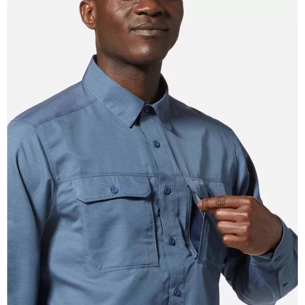 A front view of the Mountain Hardwear Men's Canyon Long Sleeve Shirt in Zinc showing the chest pocket and a model wearing it against a white background.