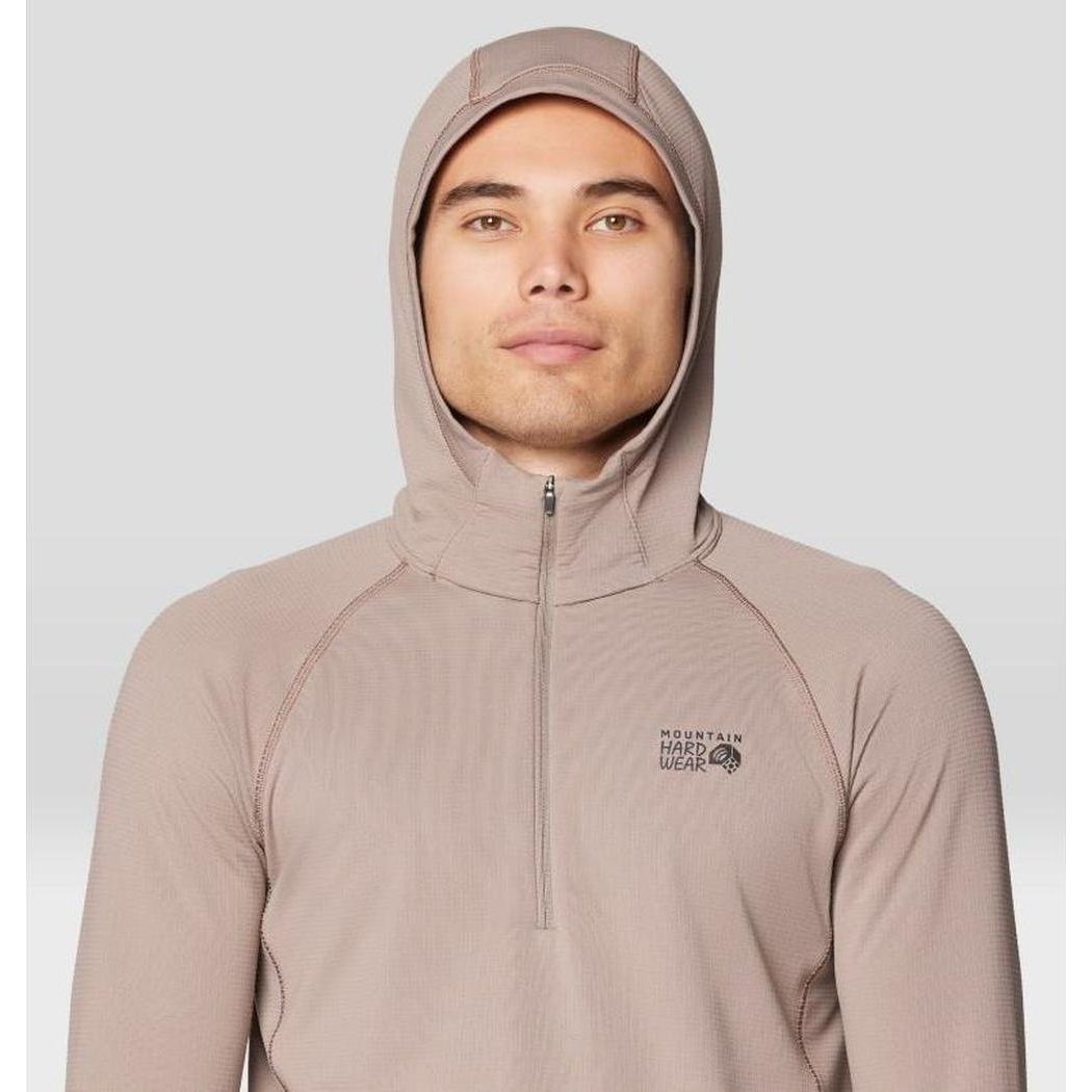 A front view of the Mountain Hardwear Men's Crater Lake Heavyweight Half Zip Hoody in Wild Taupe with a light gray background.