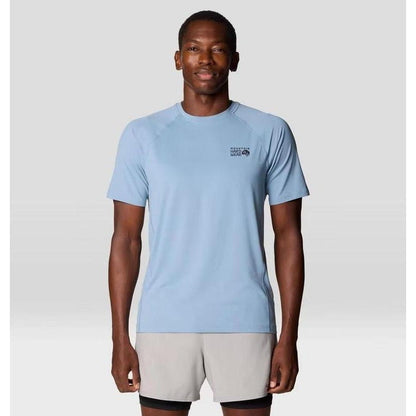 A front view of the Mountain Hardwear Men's Crater Lake Short Sleeve in Element color on a model against a light gray background.