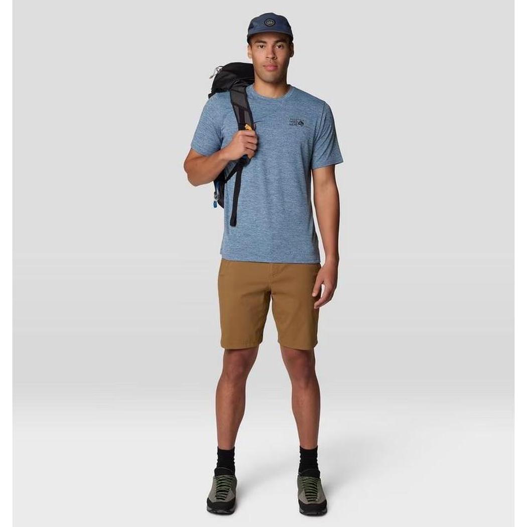 A man wearing the Mountain Hardwear Men's Sunblocker Short Sleeve in Adriatic Blue Heather stands against a plain white background.