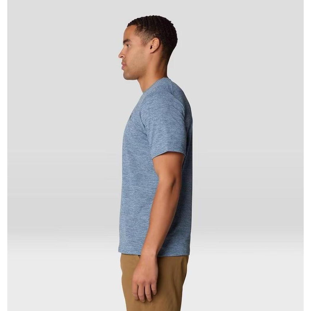 Side view of the Mountain Hardwear Men's Sunblocker Short Sleeve in Adriatic Blue Heather on a model against a light background.
