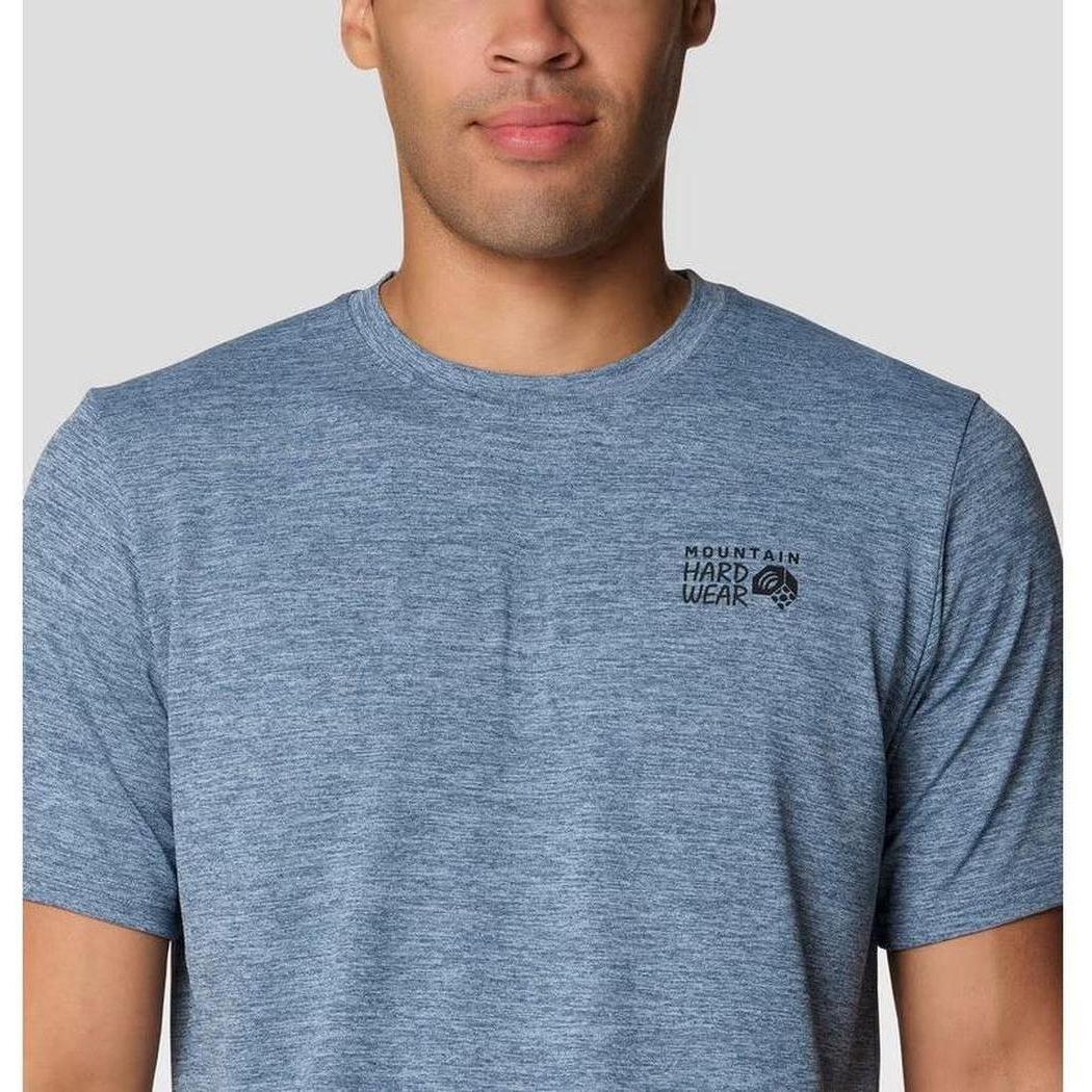 A front view of the Mountain Hardwear Men's Sunblocker Short Sleeve in Adriatic Blue Heather on a model against a light gray background.
