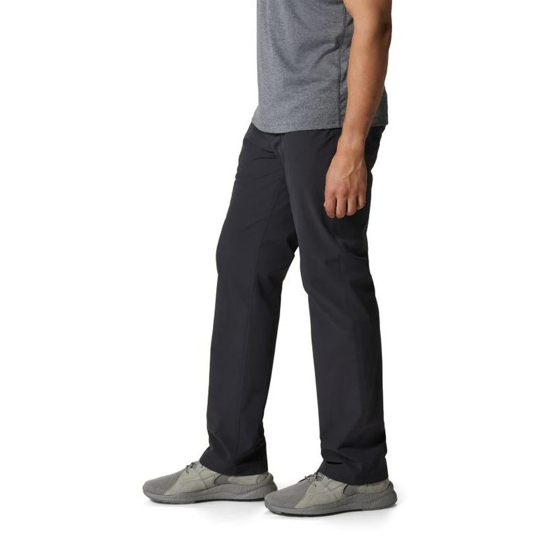 Side view of the Mountain Hardwear Men's Yumalino Lined Pant in Dark Storm showing the straight leg fit against a white background.