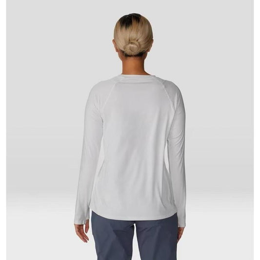 Back view of the Mountain Hardwear Women's Crater Lake Long Sleeve in Fogbank on a model against a plain background.