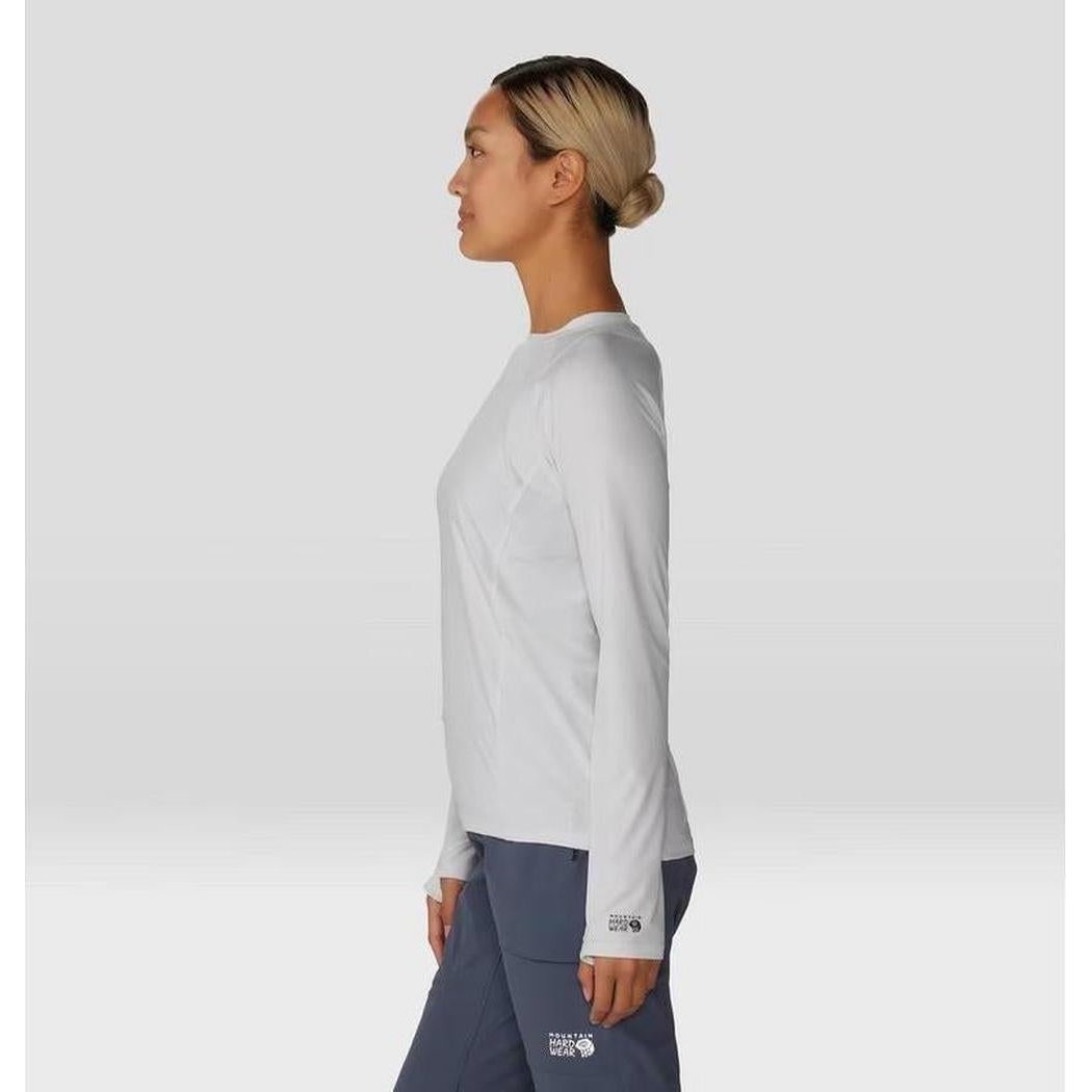 Side view of the Mountain Hardwear Women's Crater Lake Long Sleeve in Fogbank showing the model wearing it against a light background.