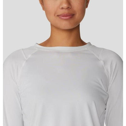 A front view of the Mountain Hardwear Women's Crater Lake Long Sleeve in Fogbank on a model against a plain white background.