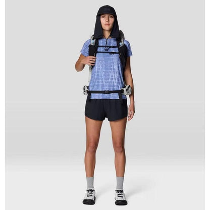 A front view of the Mountain Hardwear Women's Crater Lake Short Sleeve in Glacial Prismatic Print on a model against a plain background.