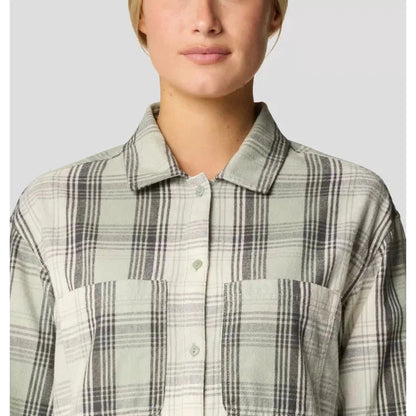A front view of the Mountain Hardwear Women's Dolores Flannel Long Sleeve Shirt in Choss St showing the plaid pattern and chest pockets against a light background.