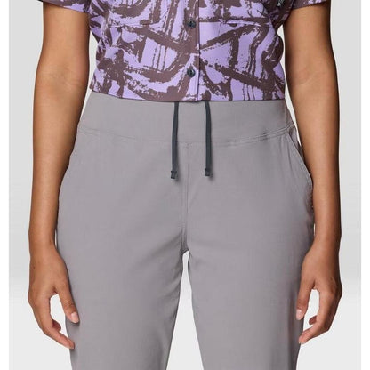 A front view of the Mountain Hardwear Women's Dynama Ankle Pant in Black, showing the drawstring waist and pockets.
