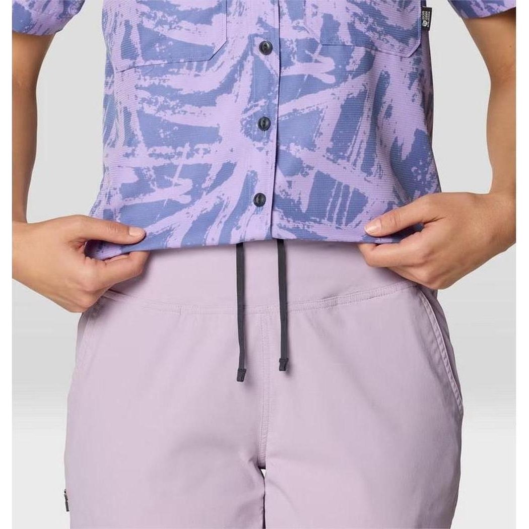 A model wearing the Mountain Hardwear Women's Dynama Crop in Atmospheric color shows the front with buttons and drawstring waist.