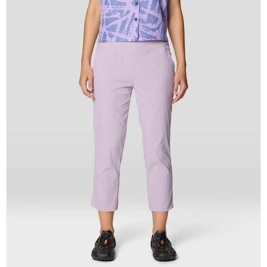 A front view of the Mountain Hardwear Women's Dynama Crop in Atmospheric color on a model wearing black shoes against a plain background.