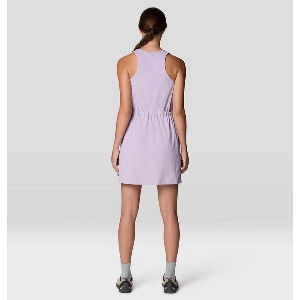 Back view of the Mountain Hardwear Women's Dynama Dress in Atmospheric color on a model against a light gray background.