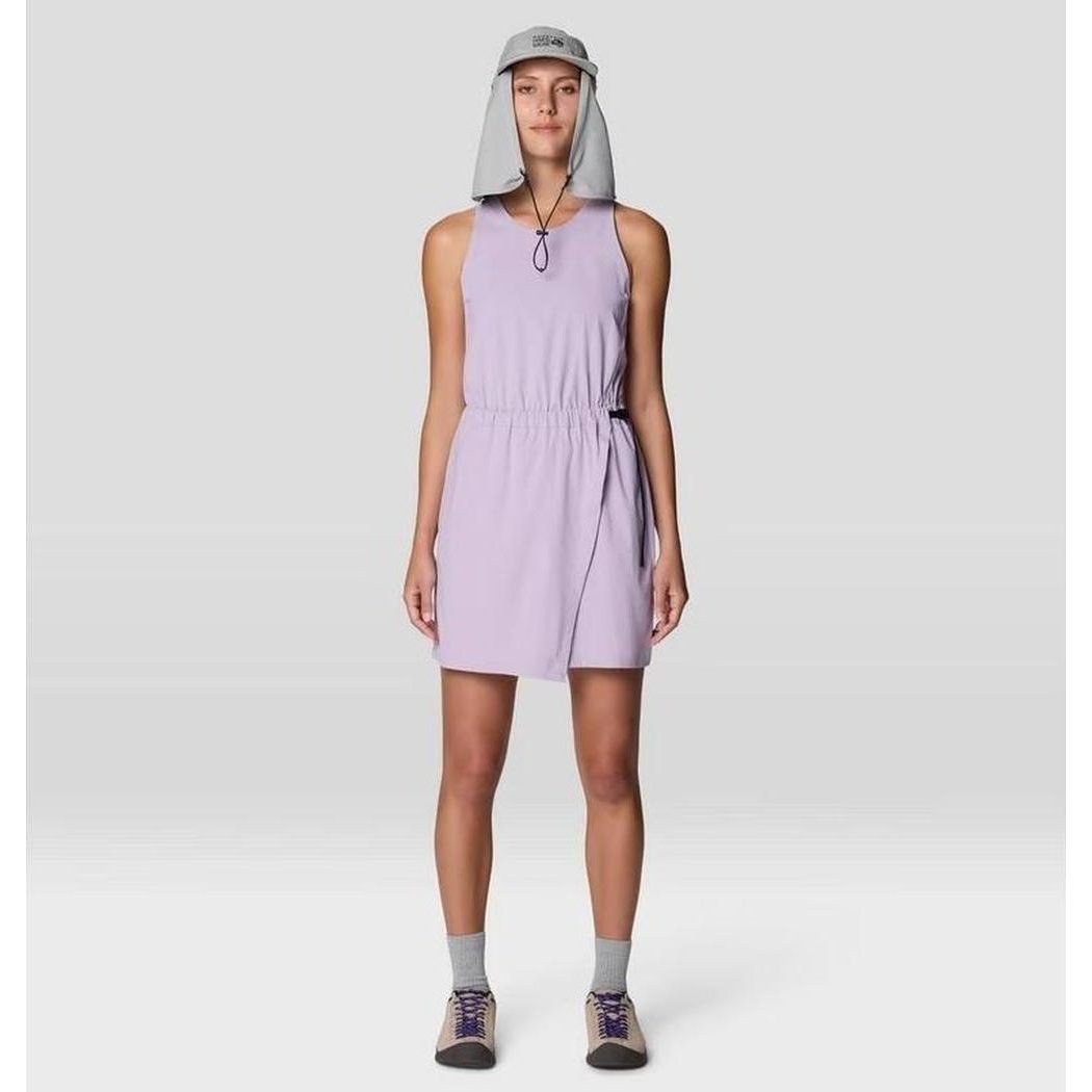 A front view of the Mountain Hardwear Women's Dynama Dress in Atmospheric color on a model wearing it against a light gray background.