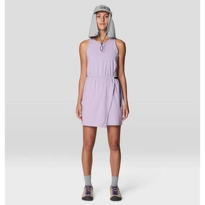 A front view of the Mountain Hardwear Women's Dynama Dress in Atmospheric color on a model wearing it against a light gray background.