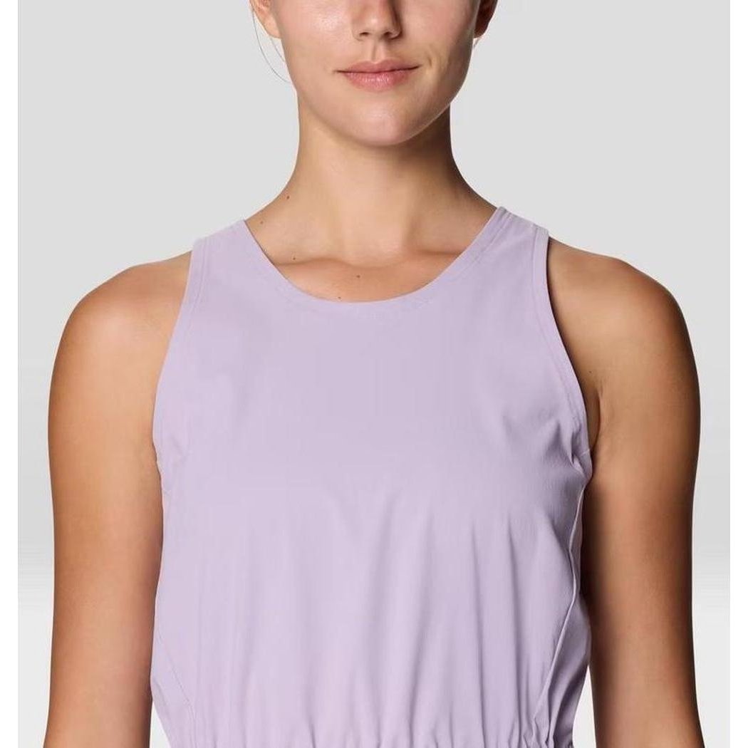 A front view of the Mountain Hardwear Women's Dynama Dress in Atmospheric color on a model against a light background.