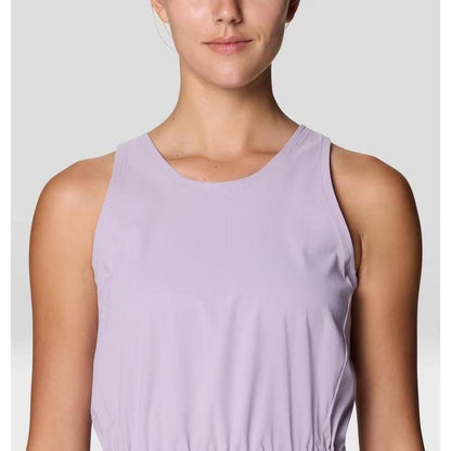 A front view of the Mountain Hardwear Women's Dynama Dress in Atmospheric color on a model against a light background.