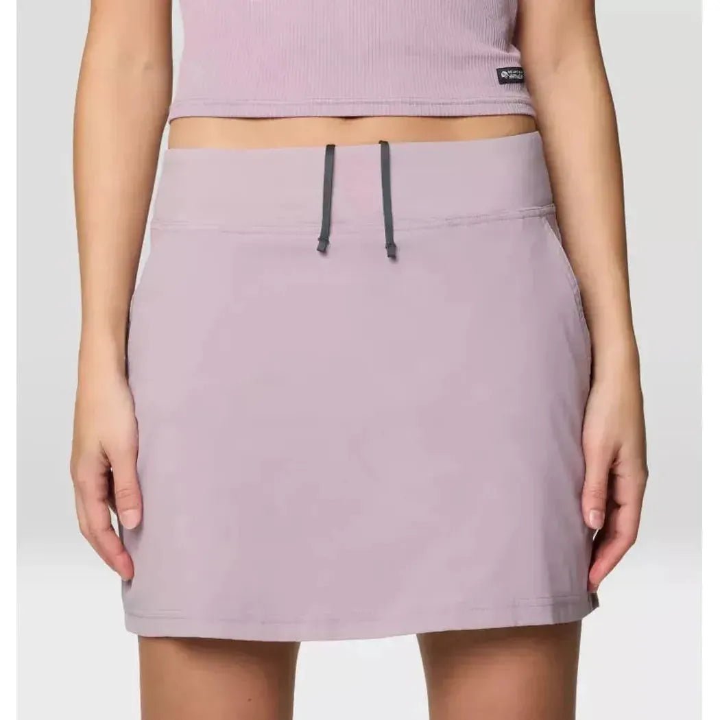 A front view of the Mountain Hardwear Women's Dynama Skort in Daze with drawstrings, on a model against a plain background.