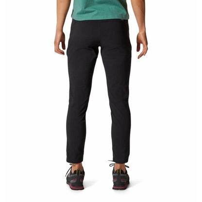 Back view of the Mountain Hardwear Women's Dynamam High Rise Ankle Pant in Black on a model against a white background.