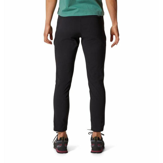 Back view of the Mountain Hardwear Women's Dynamam High Rise Ankle Pant in Black on a model against a white background.