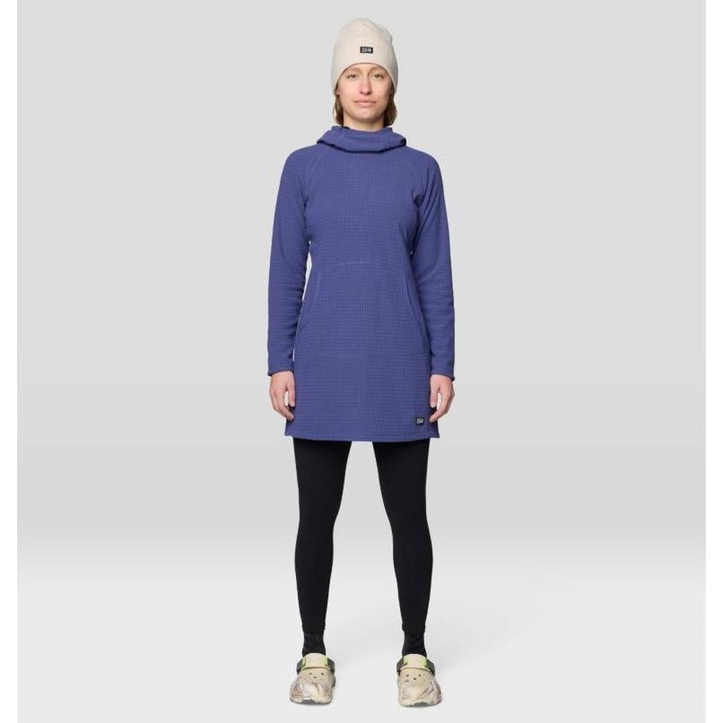 A front view of the Mountain Hardwear Women's Summit Grid Dress in Bourbon Brown on a model against a light gray background.