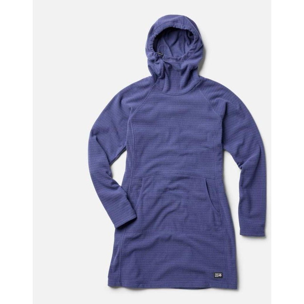 A front view of the Mountain Hardwear Women's Summit Grid Dress in Bourbon Brown with a hood and front pocket against a white background.
