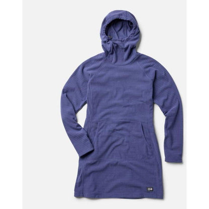 A front view of the Mountain Hardwear Women's Summit Grid Dress in Bourbon Brown with a hood and front pocket against a white background.