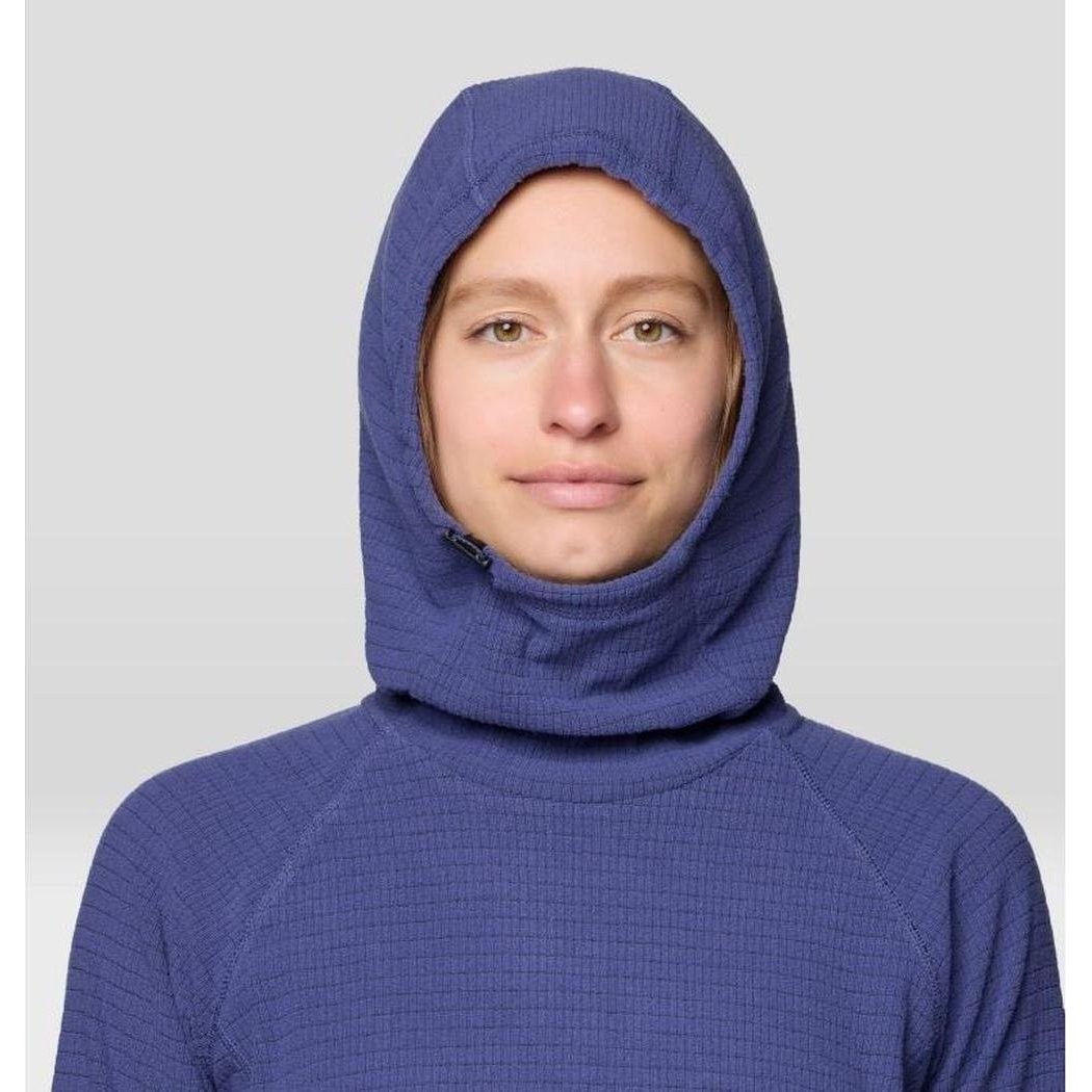 A front view of the Mountain Hardwear Women's Summit Grid Dress in Bourbon Brown with a hood, showing the model wearing it against a plain background.