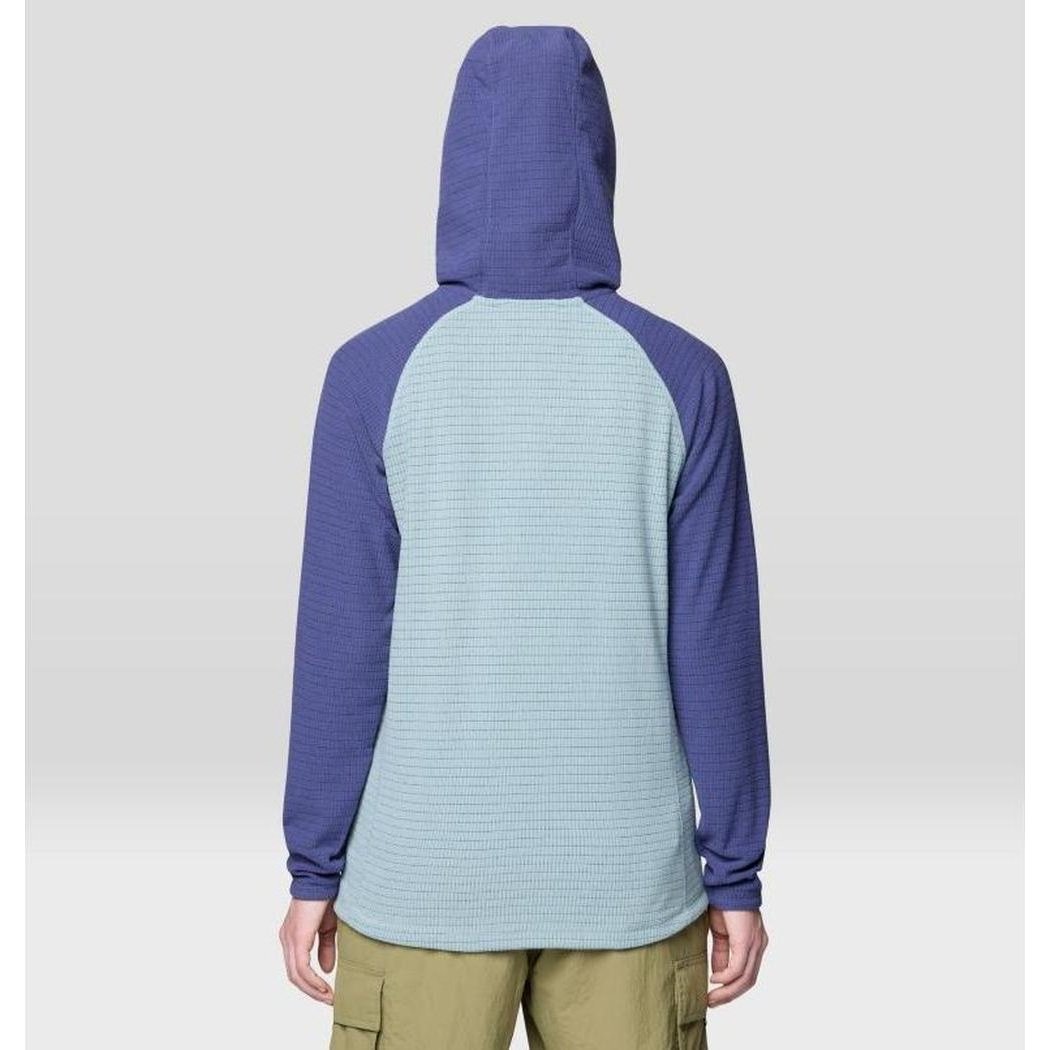 Back view of the Mountain Hardwear Women's Summit Grid Tunic Hoody in Ice Shadow/Lapis Dusk showing the hood and raglan sleeves against a light gray background.