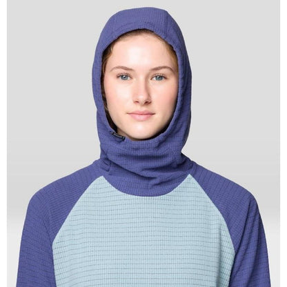 A front view of the Mountain Hardwear Women's Summit Grid Tunic Hoody in Ice Shadow/Lapis Dusk against a light gray background.