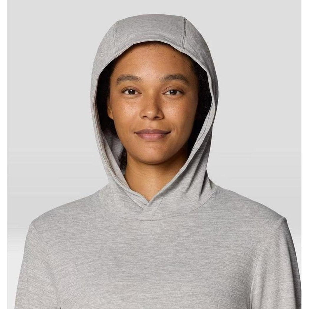 A front view of the Mountain Hardwear Women's Sunblocker Long Sleeve Hoody in Half Moon Grey on a model against a light background.
