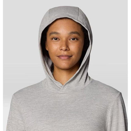 A front view of the Mountain Hardwear Women's Sunblocker Long Sleeve Hoody in Half Moon Grey on a model against a light background.