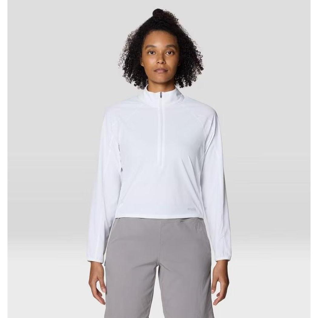 A front view of the Mountain Hardwear Women's Sunshield Half Zip in Fogbank on a model against a light gray background.