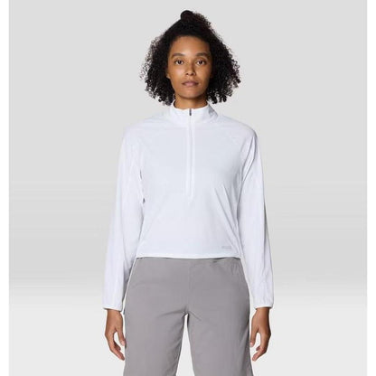 A front view of the Mountain Hardwear Women's Sunshield Half Zip in Fogbank on a model against a light gray background.