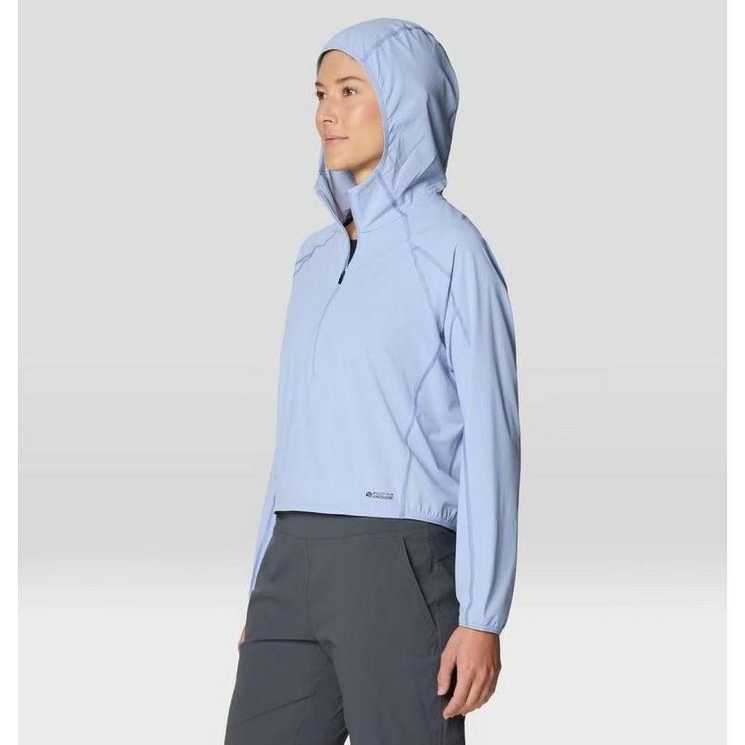 Side view of the Mountain Hardwear Women's Sunshield Hoody in Beach Breeze showing the hood and cropped fit against a light background.