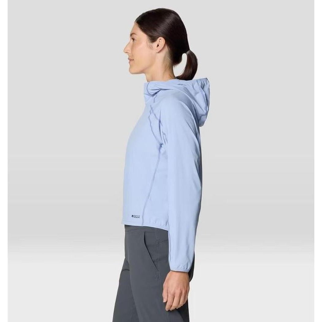 Side view of the Mountain Hardwear Women's Sunshield Hoody in Beach Breeze on a model against a light background.