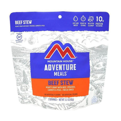 A front view of the Mountain House Beef Stew backpacking meal package showing the blue and orange label against a white background.