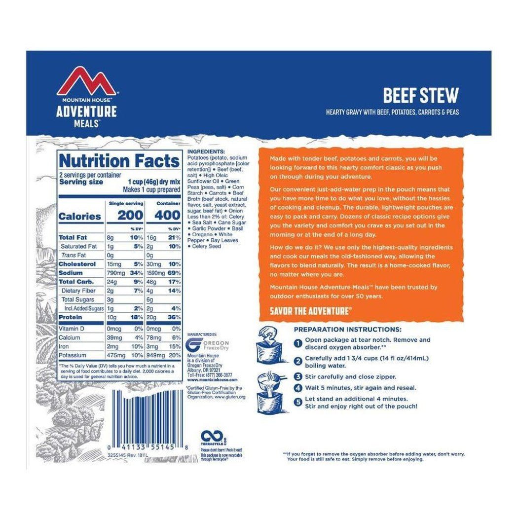 Back of Mountain House Beef Stew backpacking food package showing nutrition facts and preparation instructions.