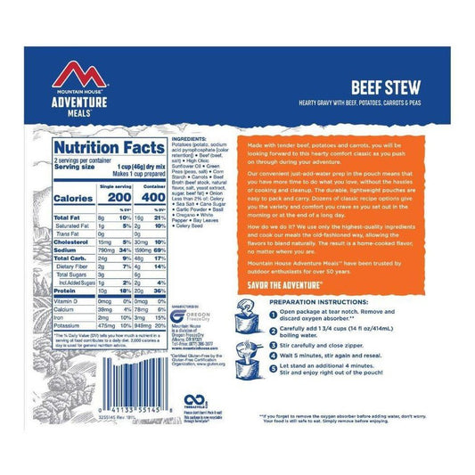 Back of Mountain House Beef Stew backpacking food package showing nutrition facts and preparation instructions.